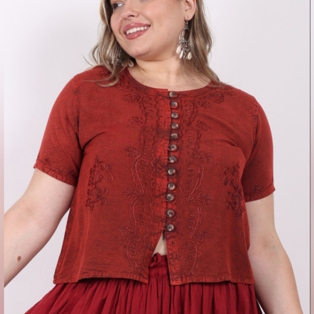 Red Boxy Buttoned Embroidered Blouse